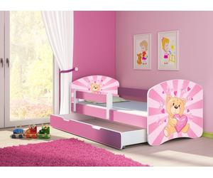 ACMA lit d'adolescent lit d'enfant lit junior set complet avec matelas sommier à lattes et protection contre les chutes rose 10 ourson 140x70 + coffre de lit