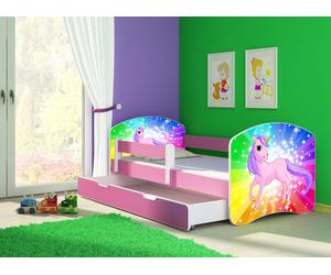 ACMA lit d'adolescent lit d'enfant lit junior set complet avec matelas sommier à lattes et protection antichute rose 18 poney arc-en-ciel 180x80 + coffre de lit