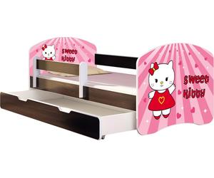 ACMA lit d'adolescent lit d'enfant lit junior set complet avec matelas sommier à lattes et protection contre les chutes wengé 15 Sweet Kitty 140x70 + coffre de lit