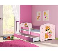 ACMA Lit d'adolescent Lit d'enfant Lit junior Set complet avec matelas Sommier et protection antichute Rose 33 Minou 180x80 + coffre de lit