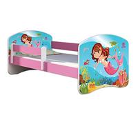 ACMA lit d'adolescent lit d'enfant lit junior set complet avec matelas sommier à lattes et protection antichute rose 09 sirène 140x70