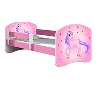 ACMA lit d'adolescent lit d'enfant lit junior set complet avec matelas sommier à lattes et protection antichute rose 17 poney 140x70