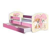 ACMA lit d'adolescent lit d'enfant lit junior set complet avec matelas sommier à lattes et protection antichute rose 12 chiots 140x70 + coffre de lit