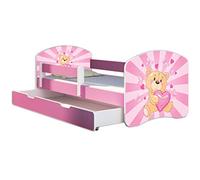 ACMA Lit Enfant 70 x 140 cm avec Tiroir, Matelas et Sommier à Lattes - Lit Junior avec Barrière de Sécurité, Personnalisé Motif 10 Nounours cœur Rose - Rose, Lit pour Fille dès 3 Ans