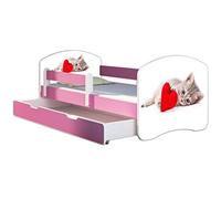 ACMA lit d'adolescent lit d'enfant lit junior set complet avec matelas sommier à lattes et protection antichute rose 40 chat avec cœur 160x80 + coffre de lit