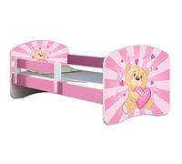 ACMA lit d'adolescent lit d'enfant lit junior set complet avec matelas sommier à lattes et protection antichute rose 10 ourson 160x80