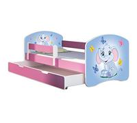 ACMA lit d'adolescent lit d'enfant lit junior set complet avec matelas sommier à lattes et protection antichute rose 26 éléphant 160x80 + coffre de lit
