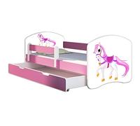 ACMA Lit d'adolescent Lit d'enfant Lit junior Set complet avec matelas Sommier à lattes et protection antichute Rose 43 Petit cheval 160x80 + coffre de lit