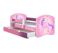 ACMA lit d'adolescent lit d'enfant lit junior set complet avec matelas sommier à lattes et protection antichute rose 17 poney 160x80 + coffre de lit