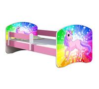 ACMA lit d'adolescent lit d'enfant lit junior set complet avec matelas sommier à lattes et protection antichute rose 18 poney arc-en-ciel 180x80
