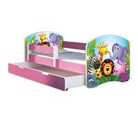 ACMA Lit d'adolescent Lit d'enfant Lit junior Set complet avec matelas Sommier à lattes et protection antichute Rose 01 Zoo 180x80 + coffre de lit