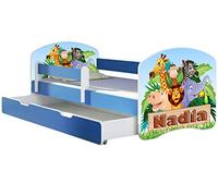 ACMA lit d'adolescent lit d'enfant lit junior set complet avec matelas sommier à lattes et protection antichute bleu 02 Animals Name 180x80 + coffre de lit