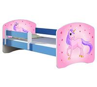 ACMA lit d'adolescent lit d'enfant lit junior set complet avec matelas sommier à lattes et protection antichute bleu 17 poney 140x70