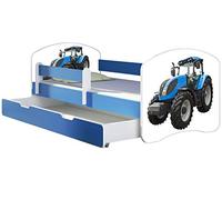 ACMA lit d'adolescent lit d'enfant lit junior set complet avec matelas sommier à lattes et protection antichute bleu 42 tracteur 140x70 + coffre de lit