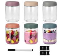 ACOMTUO Lot de 6 Boîtes À Avoine de Nuit de 500ml Avec, Couvercles À Large Ouverture, pour Gruau, Yaourt, Aliments Marinés, Fraîcheur, Stockage, Préparation des Repas Avec Autocollants et Marqueur