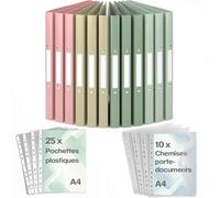 ACROPAQ - 12 x Classeur souple A4 | 2 anneaux | Incl. 10 x Pochette document, 25 x Pochettes plastiques et 12 x Étiquettes de dos, Dos 2,5 cm, Couleur Terre de la collection Nature - Classeurs, Farde