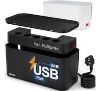 ACROPAQ Boite Cache Cable - 5 Prises, 3 USB A, Câble 2M - Range Cable avec Cache Multiprise, Boîtier de Rangement avec Cache Prise Electrique, La Boite a Cable Blanche - 30 x 14 x 14 cm