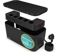 ACROPAQ Boite Cache Cable Cache multiprise - Avec multiprise intégrée, USB-C, USB-A, Boîte de Rangement pour Câble - Noir