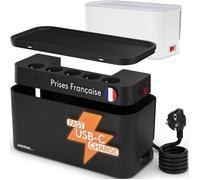 ACROPAQ Boite cache cable compatible France- cache multiprise avec multiprise intégrée- USB-A et USB-C- Rangement cable- 2500W-