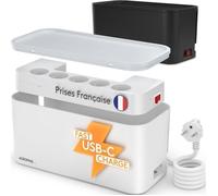 ACROPAQ Boite cache cable compatible France- cache multiprise- Multiprise intégrée- USB-A et USB-C- Rangement cable- 2500W- Blanc