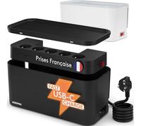 ACROPAQ Boite cache cable compatible France- cache multiprise avec multiprise intégrée- USB-A et USB-C- Rangement cable- 2500W-