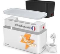 ACROPAQ Boite cache cable compatible France- cache multiprise- Multiprise intégrée- USB-A et USB-C- Rangement cable- 2500W- Blanc