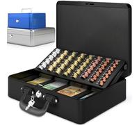 ACROPAQ Caisse monnaie grande professionelle - Grande espace pour les Billets et pièces, Avec monnayeur et 2 clés, Caisse plus épaisse, Poignée de transport robuste, 100% en sécurité - Noir