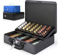 ACROPAQ Caisse monnaie Professionnelle 30x25x9cm- Coffret Monnaie Acier- Monnayeur, 2 clés, Compartiments à monnaie- Poignée