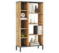 ACTUAL DIFFUSION Etagère 9 Niches Chêne et Gris Anthracite Pieds Métal L 72 H 133.6 P 25.5 cm