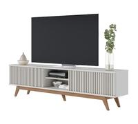 ACTUAL DIFFUSION Meuble TV 75 Pouces Blanc Pieds Bois 4 Portes 8 Niches L 218 H 57 P 40 cm