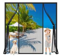Actualisée Moustiquaire Porte Double Noir 240x210cm Rideaux Fenêtre Aimantée Sans Perçage Moustiquaire Baie Vitree Coulissante Pliable pour les entrées de vérandas et de jardins d'hiver
