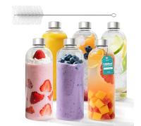 ACXIN Lot de 6 gourdes en verre borosilicate de 1000 ml avec couvercle en acier inoxydable et brosse de nettoyage - Passe au lave-vaisselle - Résistant à la chaleur et anti-fuite - Pour le bureau et