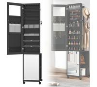 ACXIN Miroir armoire à bijoux Rangement pour bijoux avec lampes LED et serrure de sécurité Armoire à glace sur pied 3 en 1 avec roulettes et étagères 36 x 40 x 170 cm Noir