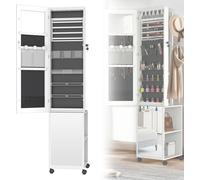 ACXIN Miroir armoire à bijoux Rangement pour bijoux avec lampes LED et serrure de sécurité Armoire à glace sur pied 3 en 1 avec roulettes et étagères 36 x 40 x 170 cm Blanc