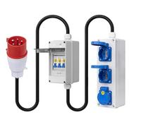 Adaptateur CEE 32 A vers 16 A - Fiche CEE 5P 380 V vers 3 prises Schuko 220 V - Étanche IP65/IP54 - Avec 3 disjoncteurs 16 A - Répartiteur de courant de construction