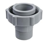Adaptateur de vidange de piscine avec col tournant nervuré | Corps adaptateur gris, joint noir visible, nervures de préhension surélevées et structure de jonction à visser pour drainage