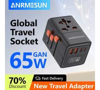 Adaptateur de voyage universel avec 4 prises ca Max 2400W 2 ports USB 2 Ports type-c PD 65W charge rapide tout-en-un prise ue UK US AUS