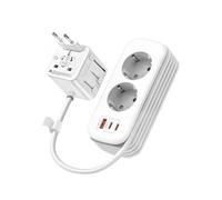 Adaptateur de Voyage Universel avec Câble 1,8 m, Multiprise 2 Prises AC, 2 USB-C PD 30W et 1 USB-A QC 18W, Adaptateur Secteur International EU UK US AU pour Hôtel et Bureau, Blanc