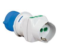 Adaptateur industriel fiche : 2P + T 16 A CEE Bleu - IP44. Prise : 2 x 2P + T 16 A By-pass 1 x 2P + T 16 A Schuko.