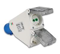 Adaptateur Industrielle Double Fiche : 2P + T16 A CEE Bleu. Prise : 2 x 2P + T 16 A Schuko - IP44.