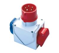 Adaptateur Industrielle Double Fiche : 3P + N + T 16 A CEE Rouge 400 V - IP44. Prise : - 1 x 2P + T 16 A Bleu IP44. 1 x 3P + T 16 A Rouge IP44.