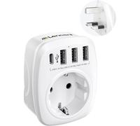 Adaptateur Prise Anglaise UK Angleterre France Adaptateur de Voyage avec 3 USB et 1 Type-C,Prise Française FR vers GB 3 Broches pour Royaume-Uni Irlande Bretagne Écosse Maldives Type G