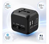 Adaptateur Prise Universelle avec 2 Ports USB A, 1 Ports USB A et 1 Prise Secteur Universelle, Adaptateur Universel pour EU US UK AU