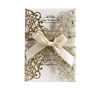 AdasBridal Lot de 50 cartes d'invitation de mariage à paillettes découpées au laser avec enveloppe, feuille intérieure vierge et ruban pour mariage, fiançailles, fête prénuptiale (18 x 12,5 cm, doré)
