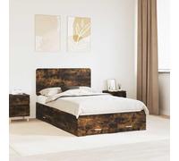 Adaxibro Cadre de lit en bois de chêne fumé avec sommier à lattes, 135 x 190 cm, tête de lit et coffre de lit, espace de rangement stable pour chambre à coucher et chambre d'amis, montage facile