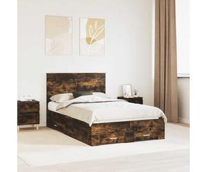 Adaxibro Cadre de lit en bois de chêne fumé avec sommier à lattes, 135 x 190 cm, tête de lit et espace de rangement, lit moderne pour chambre à coucher avec coffre de lit et montage facile pour