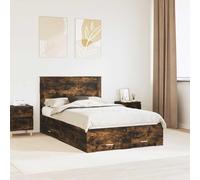 Adaxibro Cadre de lit en chêne fumé 135 x 190 cm avec sommier à lattes et coffre de lit, lit moderne avec tête de lit, espace de rangement et montage pour chambre d'amis