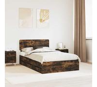 Adaxibro Cadre de lit en chêne fumé 135 x 190 cm avec sommier à lattes et coffre de lit, tête de lit réglable en hauteur, espace de rangement pour chambre à coucher et chambre d'amis, montage inclus