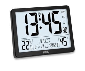 ADE Horloge Radio pilotée | Horloge numérique Murale avec très Grands Chiffres | avec Calendrier, thermomètre intérieur et hygromètre | reveil Station Meteo | à Piles | Noir