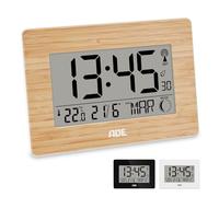 ADE Horloge Radio pilotée numérique | Chiffres XXL | Horloge Murale/de Table Digitale | Affichage de la température | Design Moderne | silencieuse | Calendrier numérique | à Piles | Cadre Bois Bambou